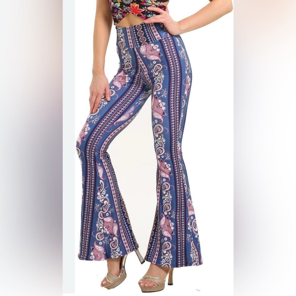 High Waist Blue and Pink Pull On Flare Pants with Bohemian Pattern